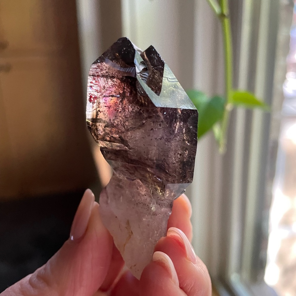Gorgeous Zambian amethyst scepter with goethite hematite + smoky Quartz crystal